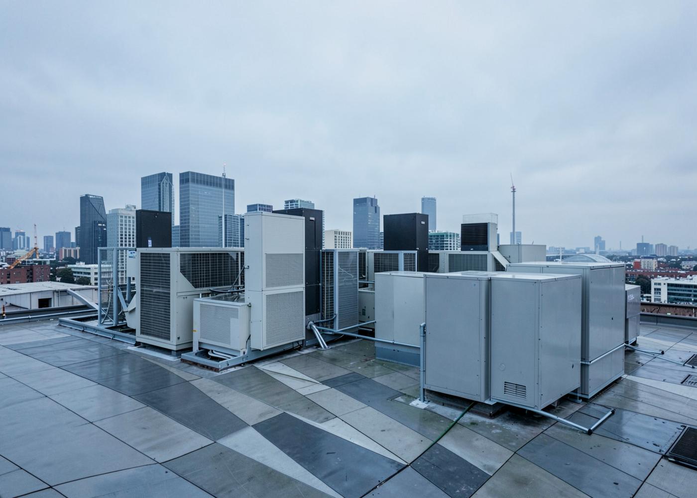 Rooftop air handling units on a modern commercial building