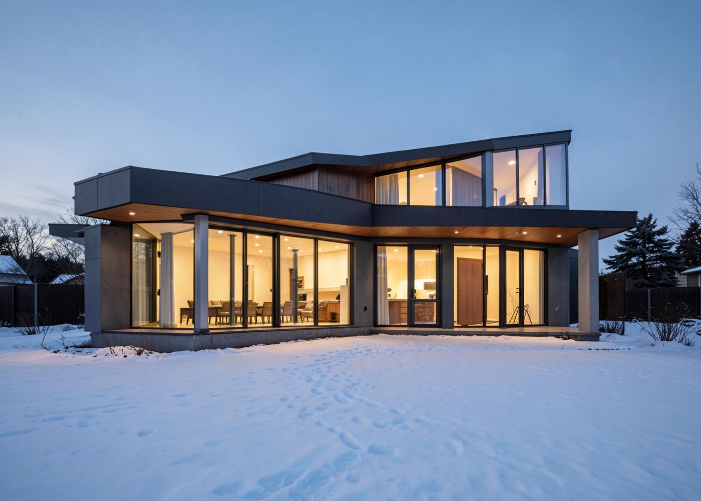 Modern Canadian home glowing at dusk in winter