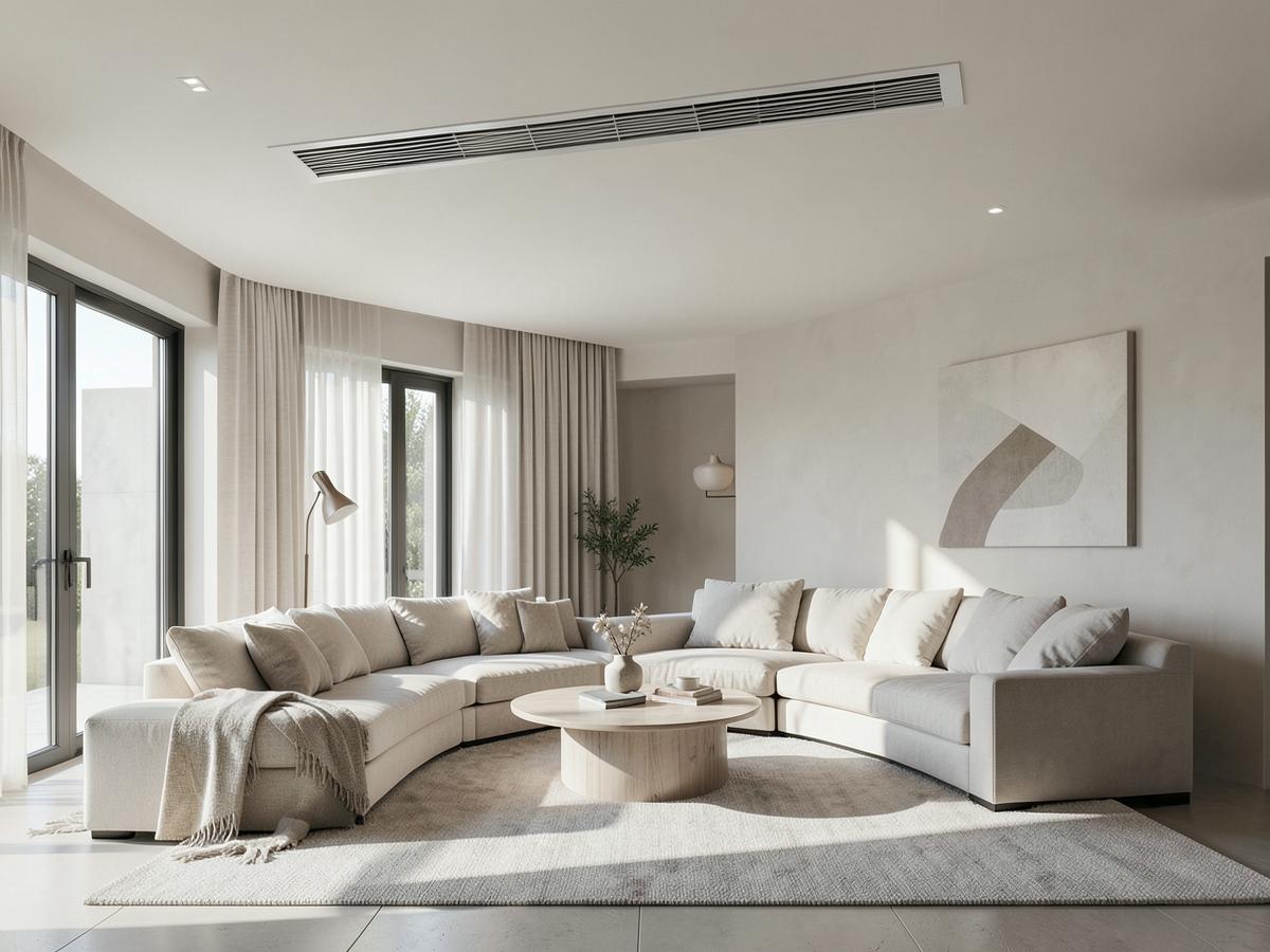 Concealed linear air conditioning diffuser in a minimalist luxury living room