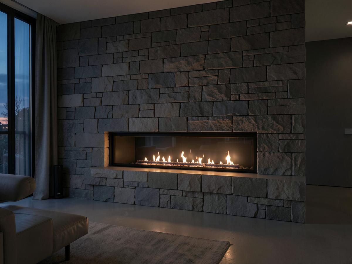 Linear modern gas fireplace set into a stone feature wall in a dark luxury interior