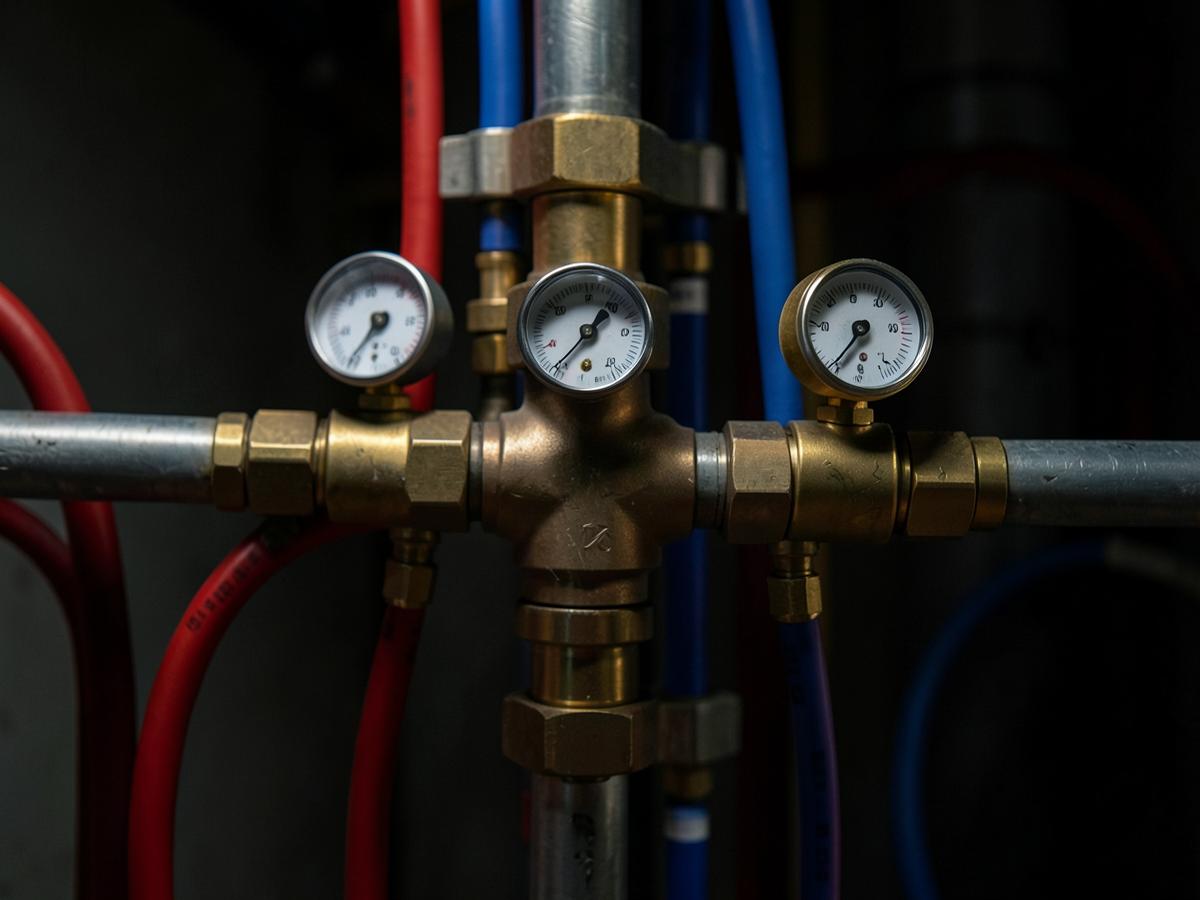 Hydronic manifold with brass fittings, pressure gauges and PEX distribution lines