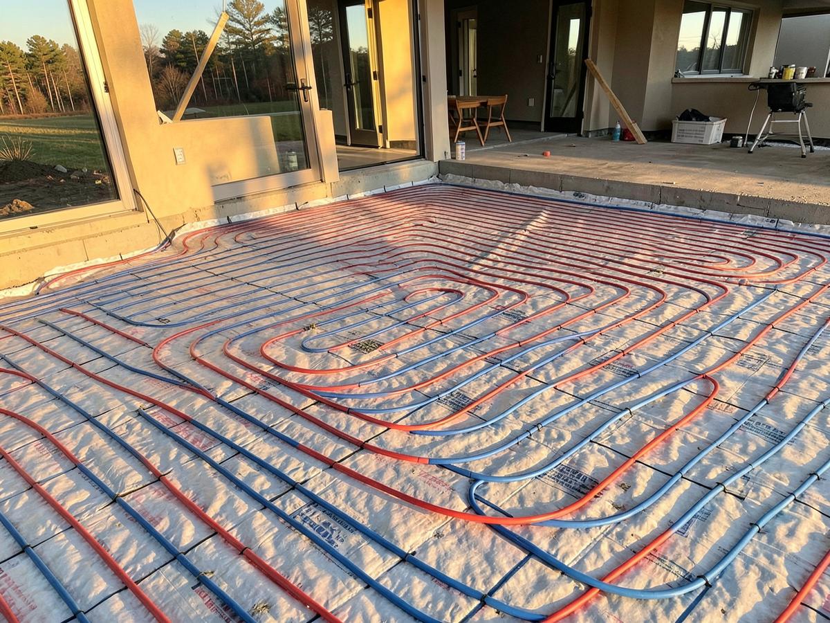 Radiant in-floor heating tubing laid in loops over insulation before a concrete pour
