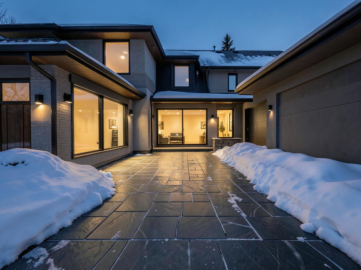 Clear heated stone driveway beside snowbanks at a modern home in winter