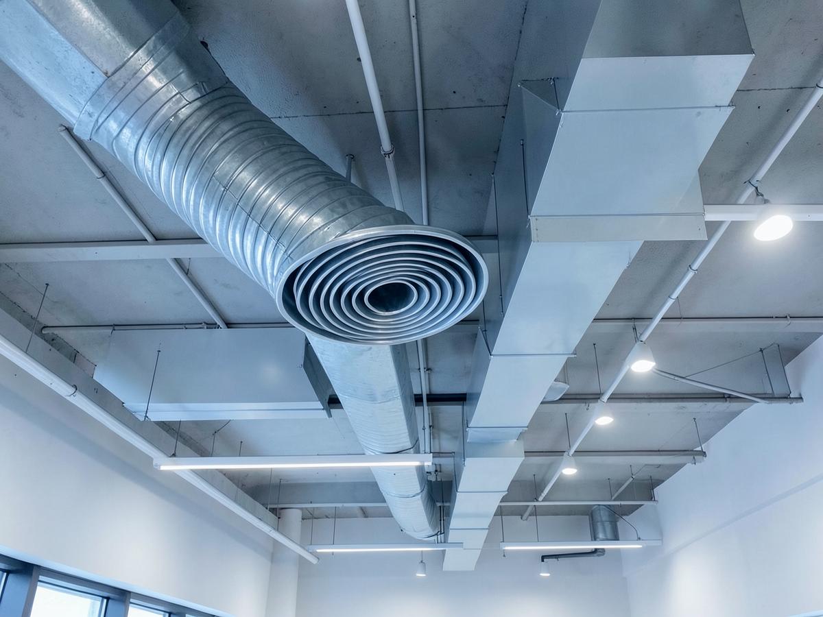 Precisely installed spiral and rectangular ductwork in an exposed modern ceiling